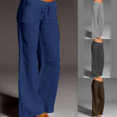 Women Cotton Linen Pants Casual Loose Long Trousers Wide Leg Elastic Waist S-5XL - Image 1 of 4