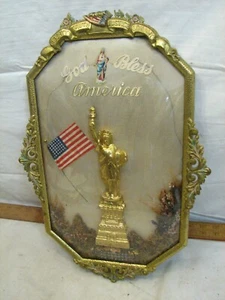 Early Bubble Dome Glass Frame Statue of Liberty God Bless America Ornate Picture - Picture 1 of 9