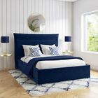 Modern Navy Blue Double Bed Frame Velvet Luxury Cushioned Headboard Upholstered 