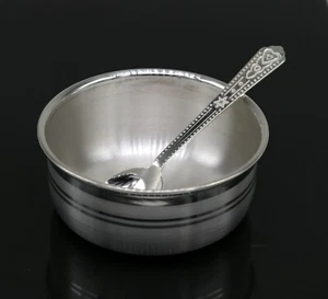 999pure fine silver handmade silver bowl and spoon set puja utensils sv177 - Picture 1 of 4