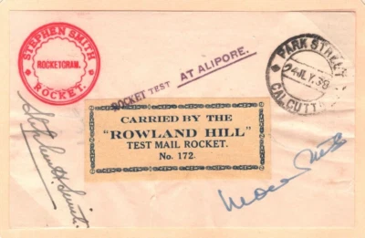 INDIA Air 1938 Card ROCKET MAIL ROWLAND HILL Allahabad STEPHEN SMITH Signed MAL4 - Image 1 of 4