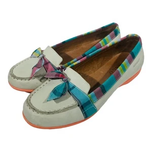Sebago Felucca Bow Ivory Leather Plaid Bow Womens Shoes Flats Size 7.5M - Picture 1 of 11