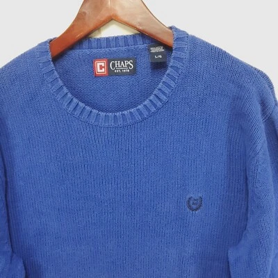 CHAPS Heavy Cotton Crew Neck Sweater Men's L  Royal Blue Preppy Ivy 90s Crest - Image 1 of 4