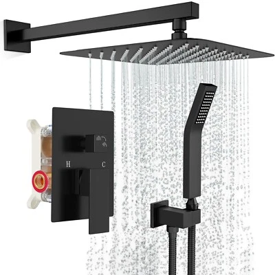 Black Shower Faucet Set System 8 in Rain Shower Head Combo with Mixer Valve Kit - Image 1 of 4