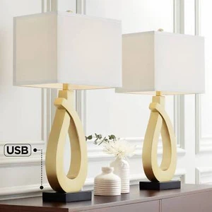Simone Modern Table Lamps 28" Tall Set of 2 Gold Metal with USB Port for Bedroom - Picture 1 of 10