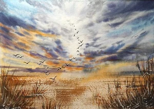 Original Painting 8x12"Artwork Watercolor Modern Landscape Ducks Flying Seascape - Picture 1 of 16