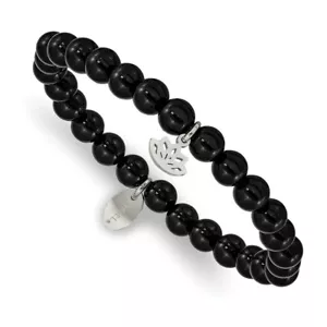 Stainless Steel Polished Lotus Black Agate Beaded Stretch Bracelet - Picture 1 of 3