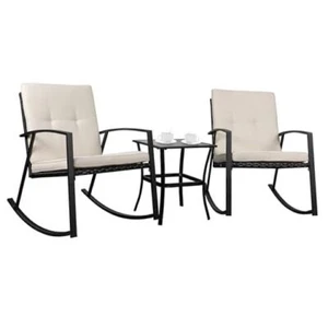 3 Pieces Rocking Bistro Set Wicker Patio Outdoor Furniture, 2 Rattan Beige - Picture 1 of 8