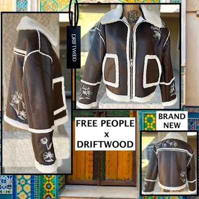 Free People Driftwood Embroidered Silas Shearling Brown Jacket Size L - Image 1 of 4