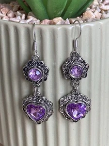 Amethyst Imitation Zircon Flower Heart Drop Earrings Carved Vintage Style - Picture 1 of 4