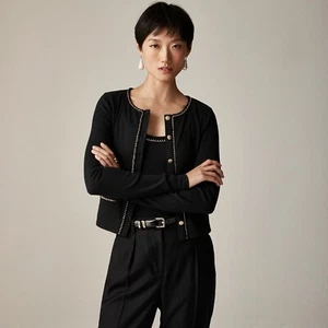 NEW J CREW Women Vintage Stretch Rib Sweater Lady Jacket Chain Trim Black L $118 - Picture 1 of 4
