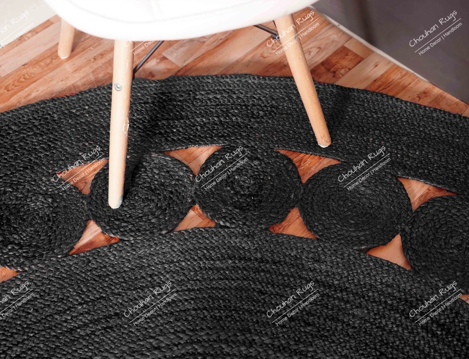 Alfombra de yute redonda de diseño festoneado negra, alfombra de yute vintage para decoración de sala de estar Foto 1 de 4