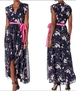NWT Eliza J Floral High Low Maxi Dress Sz 14 Satin Chiffon Dark Navy Blue Pink - Picture 1 of 8