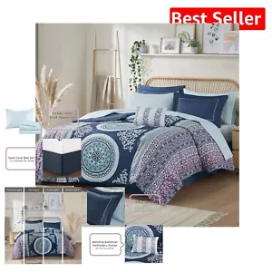 Bohemian Navy Comforter Set with Sheets & Decorative Pillow - All Season Comfort - Picture 1 of 18
