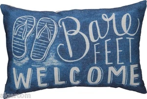 BARE FEET WELCOME Flip Flops Beach Seashore Ocean Blue Linen 15"x10" Pillow NEW - Picture 1 of 1