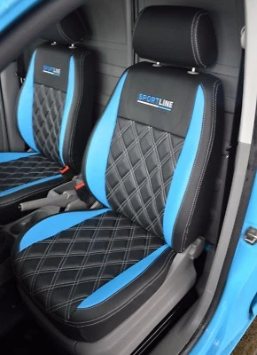 VW Caddy Genuine Fit Van Tailored Seat Covers Black / Blue with Diamonds & Logos - Image 1 of 3