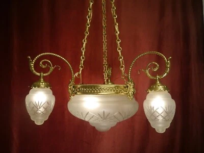 high antique chandelier 5 lamps brass shiny fine satined glass - Image 1 of 4