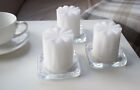 Three White Unscented Block Candles with Stylish Glass Candle Dishes