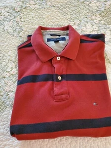 Tommy Hilfiger Poloshirt Herren L Large rot schwarz gestreift Wappen Logo - Bild 1 von 4