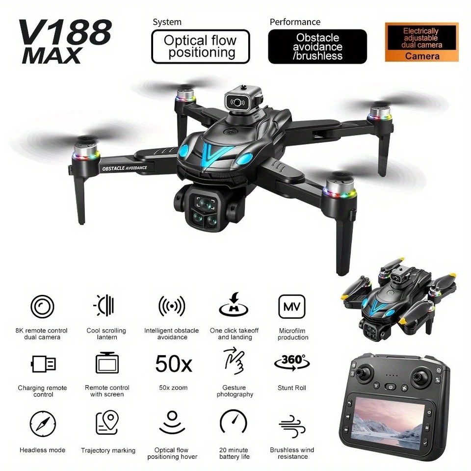 8K Dual Camera Brushless Drone 50X Zoom Optical Flow Foldable RC Quadcopter - Image 1 of 4