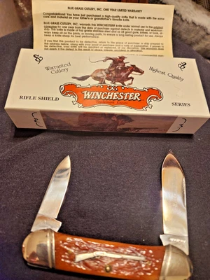 WINCHESTER CANOE FOLDING KNIFE JIGGED BONE 29114 1/2 RIFLE SHEILD 1998 - Image 1 of 4