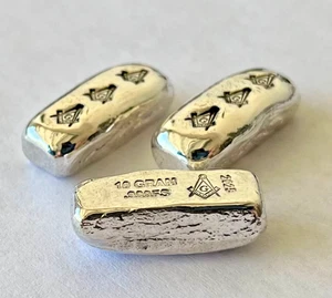 1 oz total Silver hand poured bars FreeMason Masonic. Three 10g bars Free Mason - Picture 1 of 7