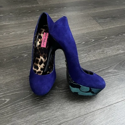 Betsey Johnson Platform Heels Pumps Blue Dareah Suede Lace Leopard  Size 8 Glam - Image 1 of 4