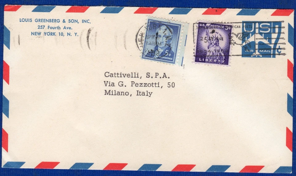 usa - STATIONERY 7c. POSTAL LETTER + 3c+5 c. TAMP from NEW YORK to MILAN - Image 1 of 1