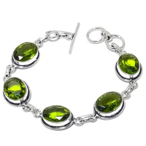 Green Peridot Gemstone Handmade 925 Sterling Silver Jewelry Bracelet 7-8'' - Picture 1 of 4
