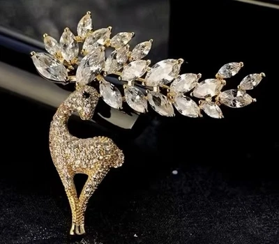 Golden Elegant Reindeer Brooch Rhinestones Sparkle Lapel Pin Vintage Appeal - Image 1 of 2