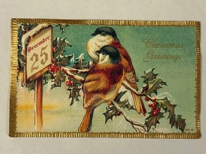 Vintage Postcard Christmas Greetings December 25 Birds Holly Embossed Hallmark - Picture 1 of 3