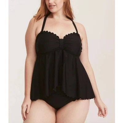 Torrid Black Scalloped Flyaway Tankini Woman 2X NWT Swim Top - Image 1 of 4