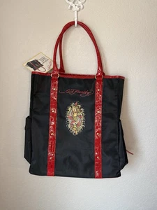 Ed Hardy Mermaid Tote Handbag Y2K Purse Nylon Red Black NWT - Picture 1 of 23