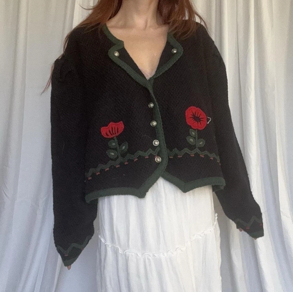 Vintage Austria Wool Navy Blue Embroidered Cardigan Sweater - Image 1 of 4