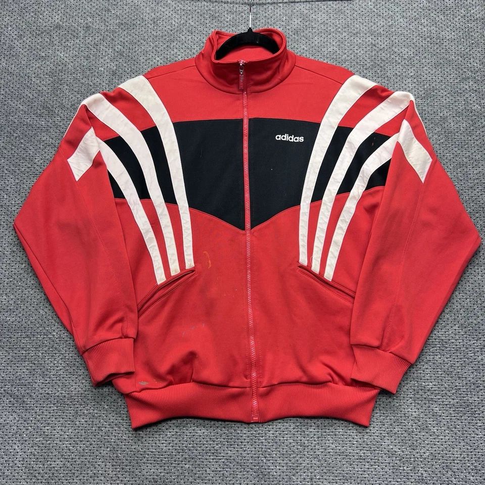 Chaqueta Adidas De Colección Años 90 Para Hombre Mediana Roja 3 Rayas Poliéster Calentamiento Cremallera Completa Foto 1 de 4