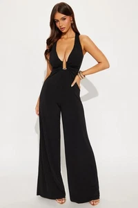 Fashion Nova Selene Jumpsuit schwarz gold Brust weites Bein Größe M Neu mit Etikett - Bild 1 von 18