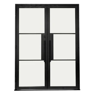 3 Lite Modern Exterior Double Steel Door with Low-E Glass - Black French Door - Picture 1 of 12