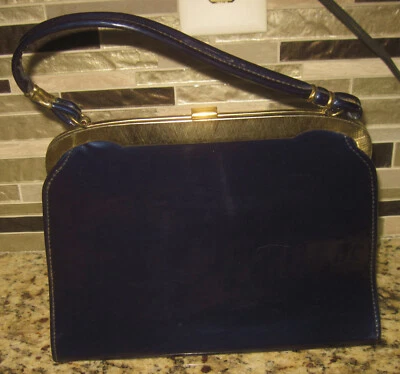 Bolsa de mão vintage anos 60 azul marinho patente beijo trava encaixe - Imagem 1 de 4