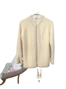 Vtg beaded rhinestone wool cardigan sweater M 50s fairy retro rockabilly swing - Picture 1 of 8