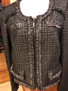 APT 9 Black Silver Metallic Thread Fringed Zip Front Dress Jacket M Chain Detail - Picture 1 of 12