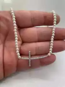 5 mm Runde Perle Seitwärts Kreuz Halskette Labor erstellt Diamanten 925 Sterling S - Bild 1 von 5