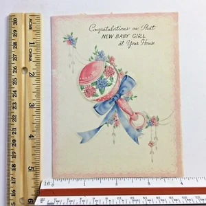 1945 Girl Rattle Birth Congratulations Baby Card New Welcome Shower Pink Vintage - Bild 1 von 12