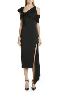 NEW MONSE Black Duchess Satin Cold Off the Shoulder Asymmetric Midi Dress 12 L - Picture 1 of 12