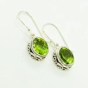 Green Peridot Oval Gemstone Drop Earrings 925 Sterling Silver Bohemian Earrings - Picture 1 of 6