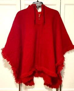 Poncho donna vintage Hunter Sportswear mantello lana rosso frange con cappuccio taglia M - Foto 1 di 6