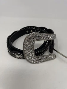 Women's 32 Genuine Leather Nocona Black Studded Concho Flower Bling Belt - Picture 1 of 12