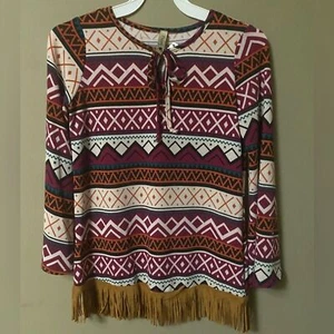 Pomelo Girls Aztec Geometric Fringe Top Large NWT - Picture 1 of 7