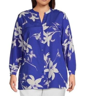 Nueva Blusa Calvin Klein Plus Top Carrera Azul Manga con lengüeta enrollable Foto 1 de 4