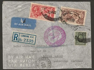 GB 1937 8/3 rate Zeppelin reg'd airmail cover w/ 5s & 2/6 Seahorse, to Argentina - Picture 1 of 2