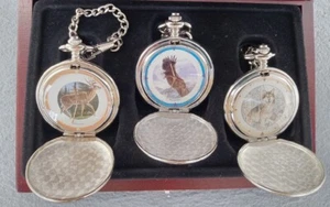 NEW! Set of 3 Westminster Wildlife Pocket Watches In Wood Case NEW BATTERIES - Picture 1 of 10